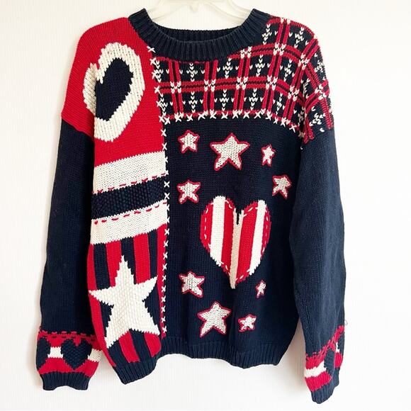 Vintage 80s90s Ninon De Lenclos Patchwork Americana Red White Blue Sweater Large - Picture 1 of 8